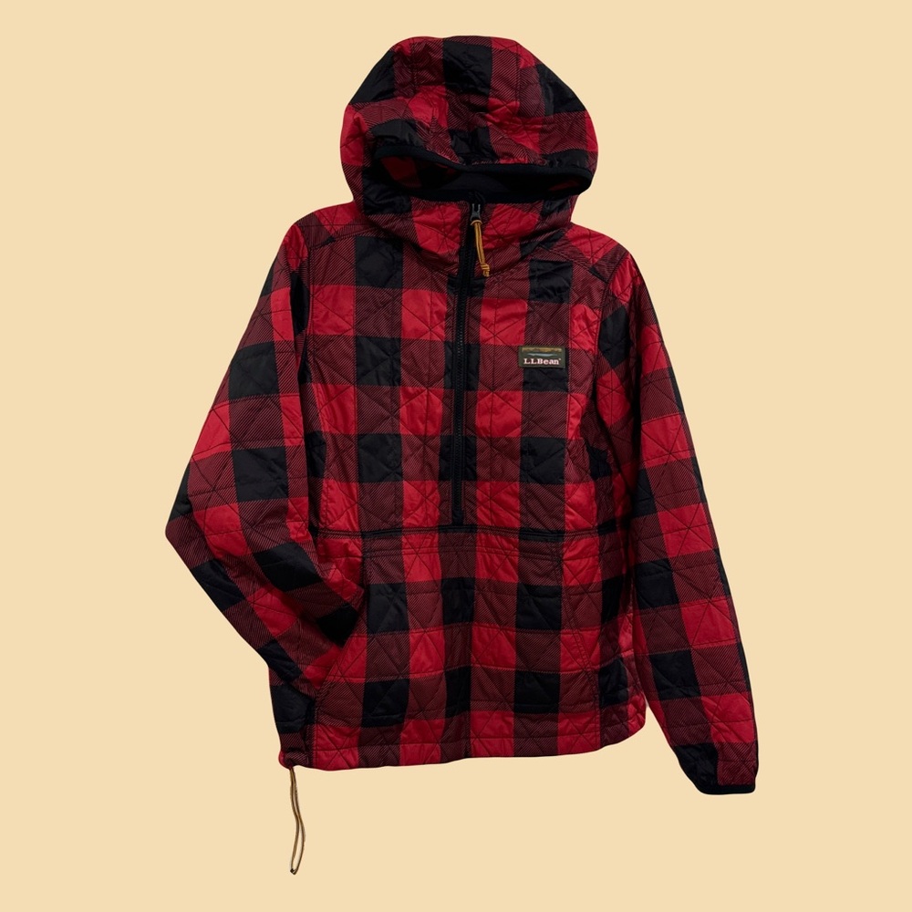 L.L. Bean Red Plaid/Gingham Quilted Puffer Pull Over Half Zip Anorak